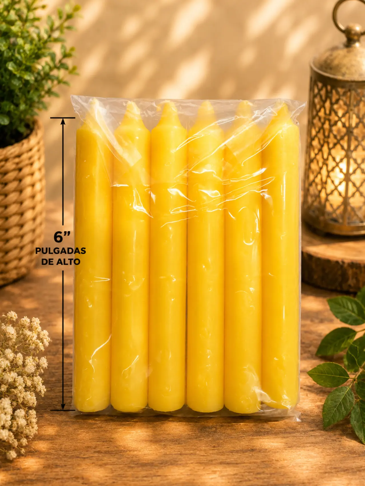 Velas 6" pulgadas paquete 6 lisas amarilla candle yellow