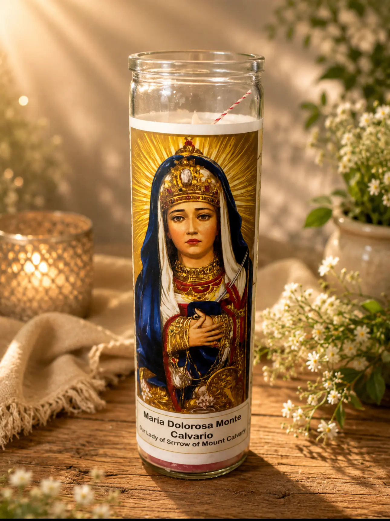 Vela Maria Dolorosa Monte Calvario 9 oz jar Mary of Sorrow of Mount Cavarly